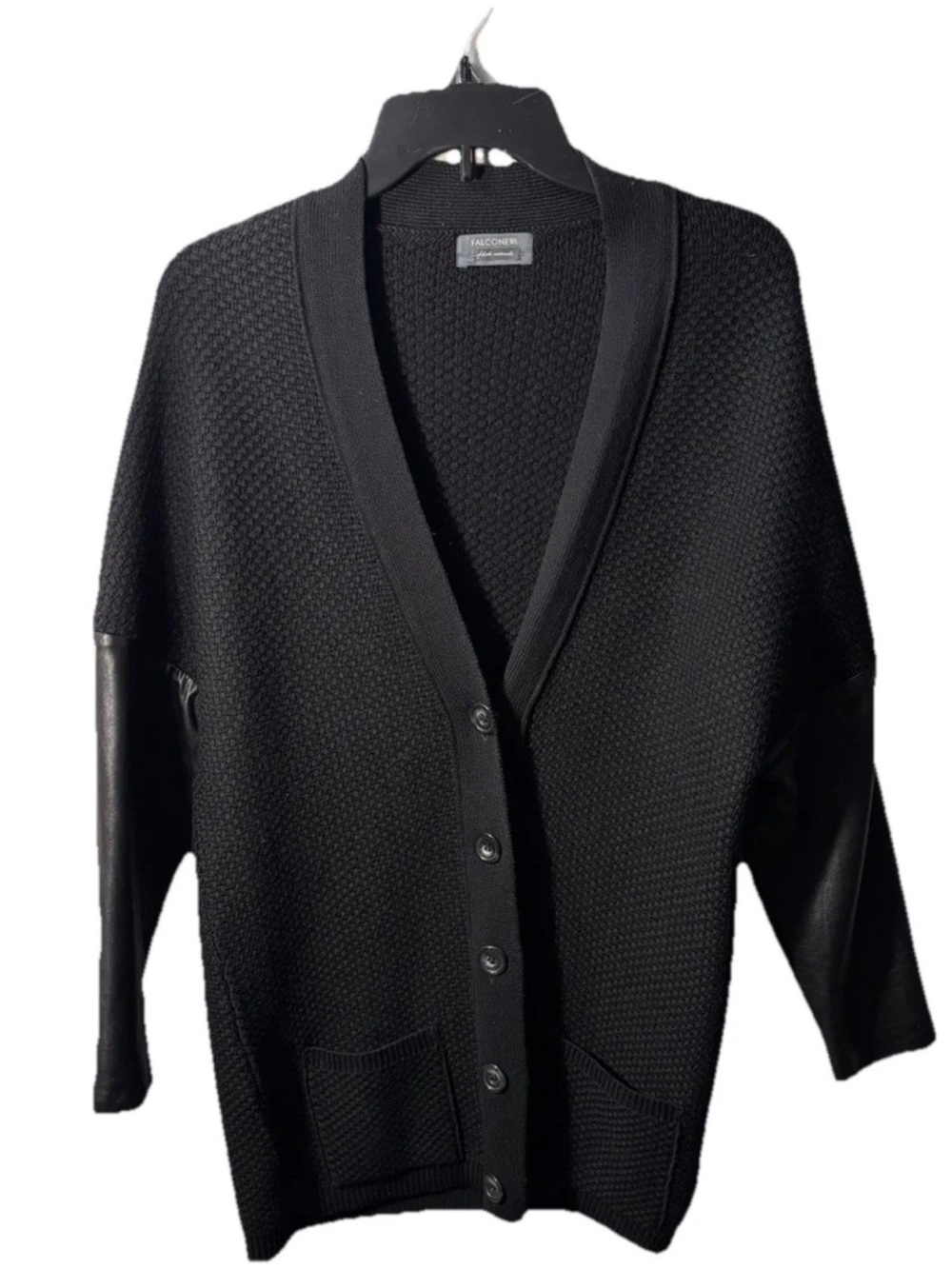 Falconeri Italy Luxury Merino Wool Leather Sleeve Cardigan Sweater Black S